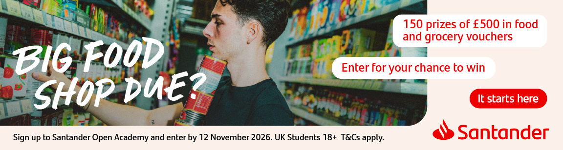 A promotional graphic for the Fuel Your Studies prize draw. Image features a student shopping in a supermarket, with the text 'Big food shop due? 150 prizes of £500 in food and grocery vouchers. Enter for your chance to win.'